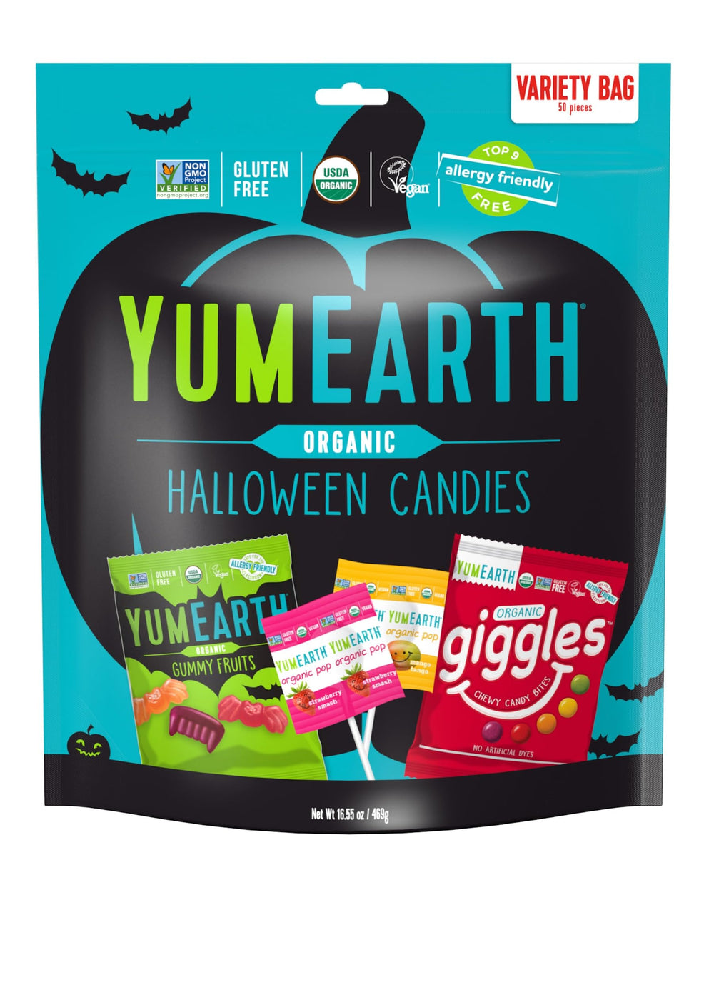 YumEarth Halloween OG Variety Bag front view showing organic, kid-friendly treats.
