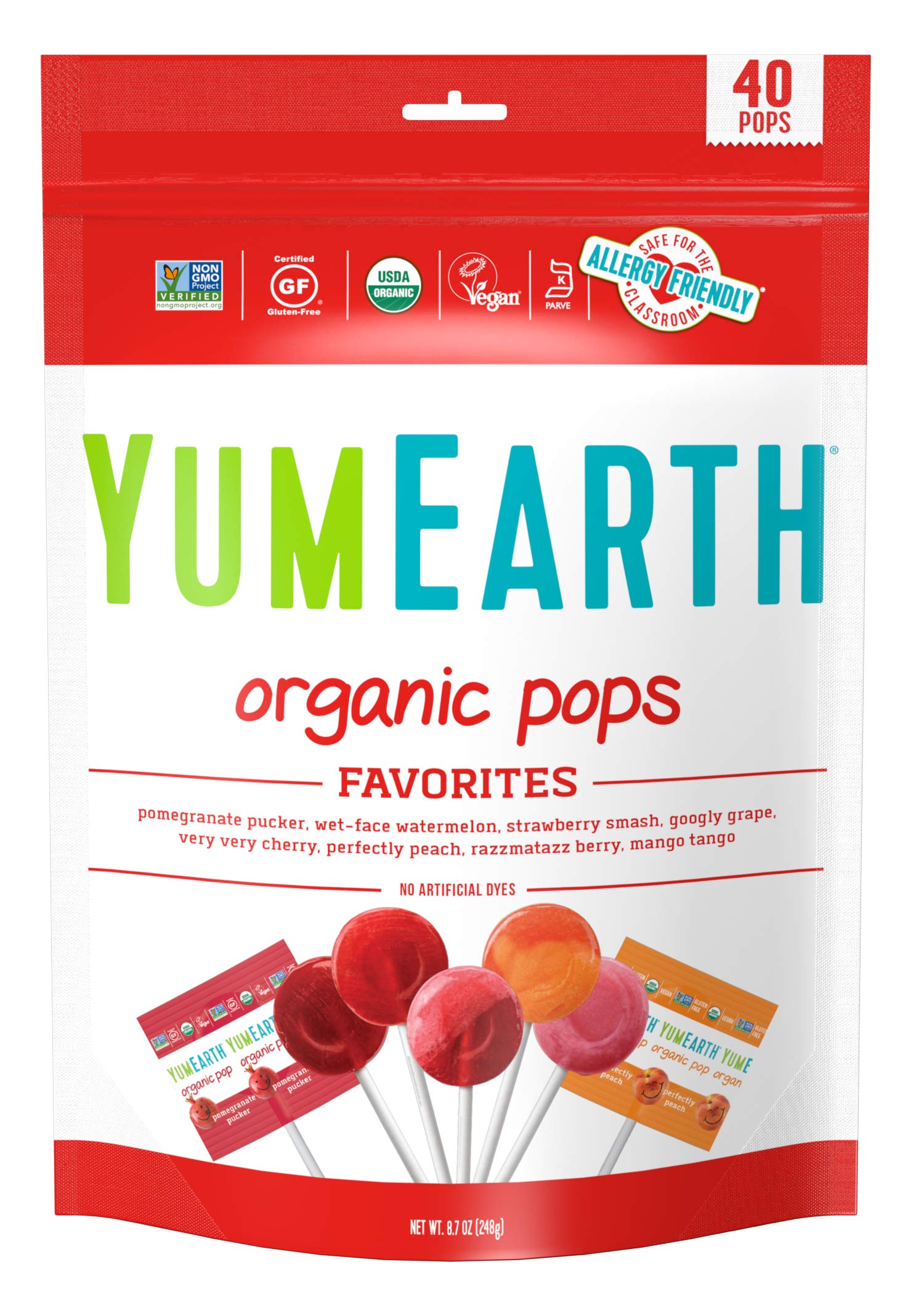 YumEarth lollipops with assorted flavors in packaging, ideal allergy-friendly classroom treat.