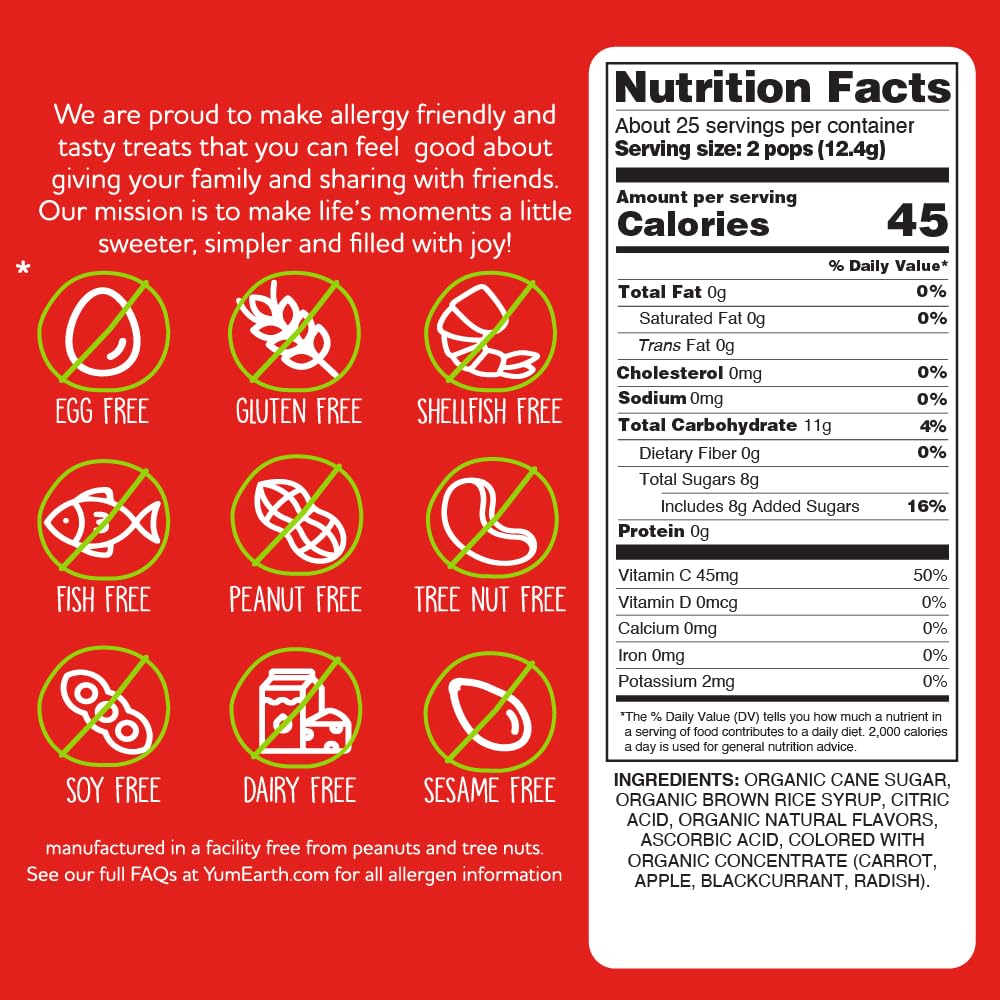 YumEarth lollipops ingredient label reveals real fruit and vegetable juices, no artificial dyes.