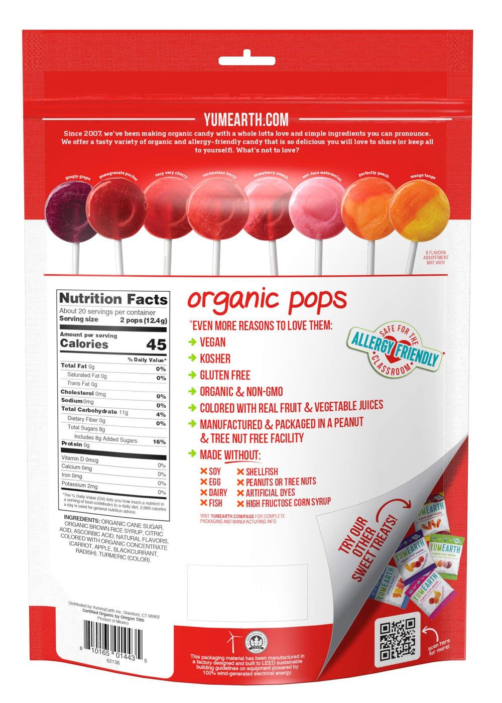 YumEarth Organic Lollipops ingredient label close-up highlighting organic, non-GMO, vegan qualities.