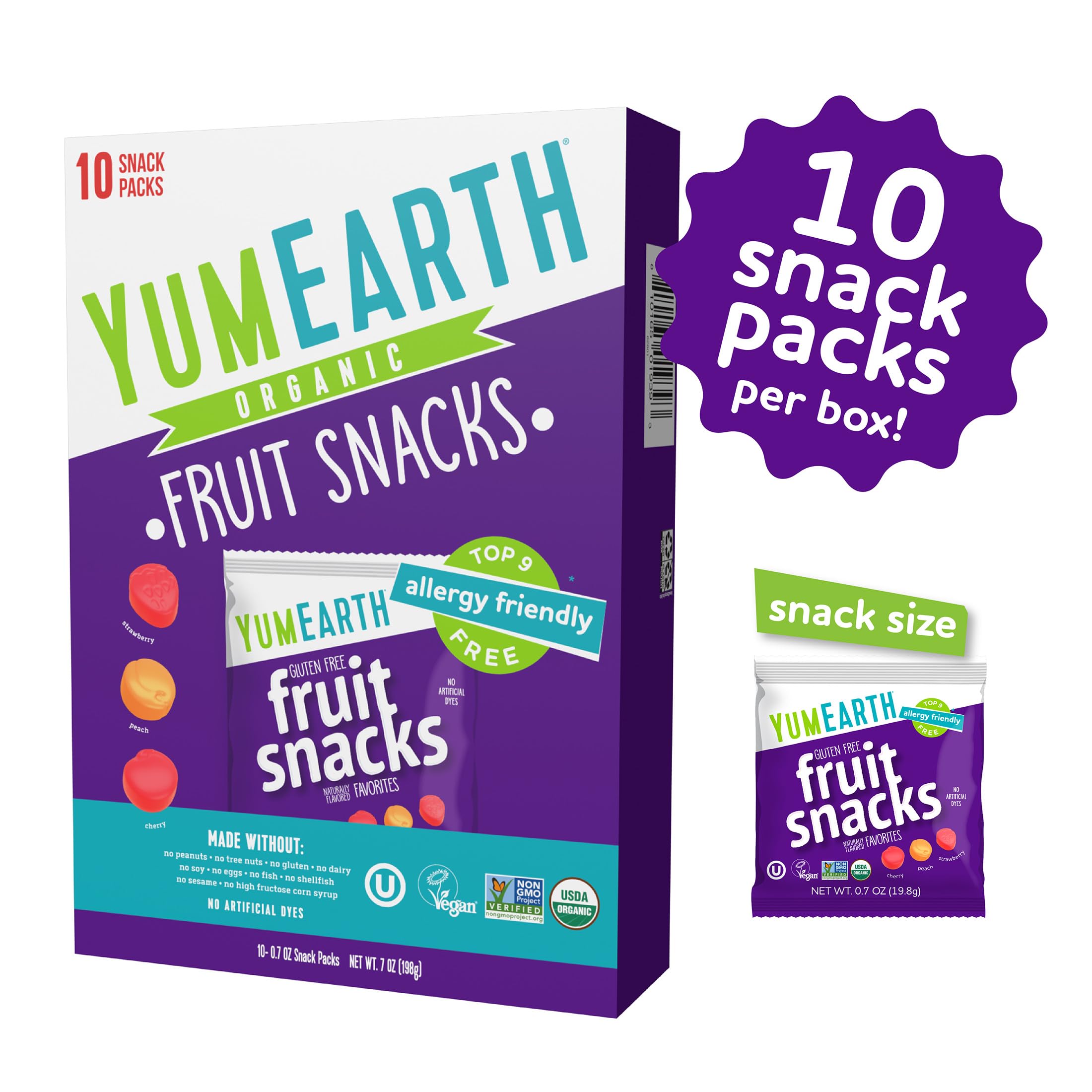 USDA Organic and Non-GMO gluten-free certifications on YumEarth packaging