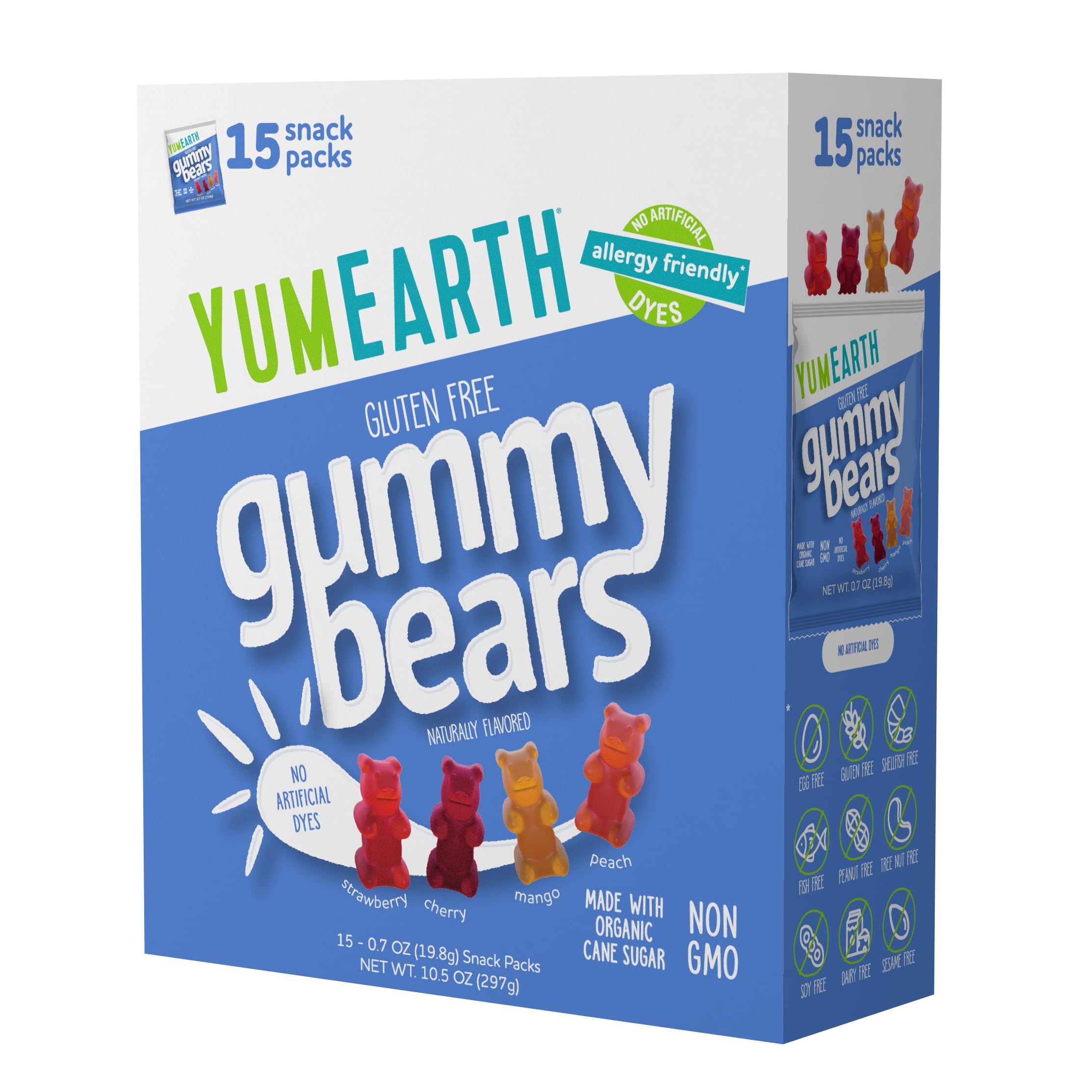 YumEarth Organic Gummy Bears packaging front view, highlighting gluten-free and allergy-friendly snacking.