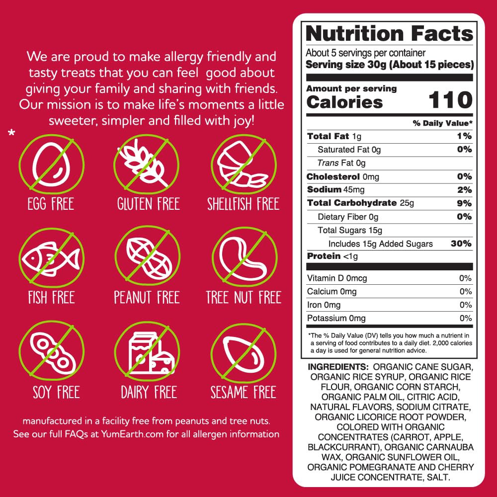 YumEarth organic, non-GMO licorice made with real fruit juices.