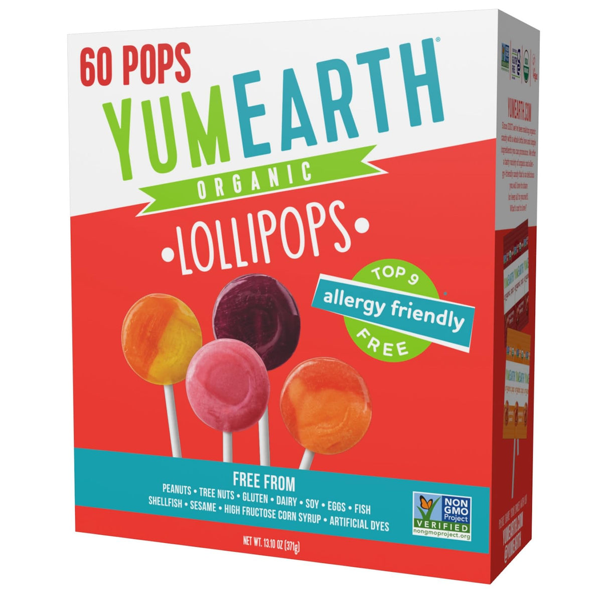 YumEarth Organic Pops variety box displaying 60 fruit-flavored lollipops, ideal for classroom treats.