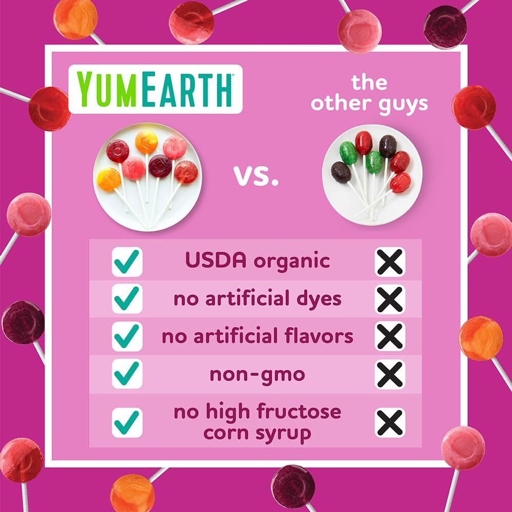 Organic allergen-free YumEarth pops with vegan, non-GMO and gluten-free labeling.