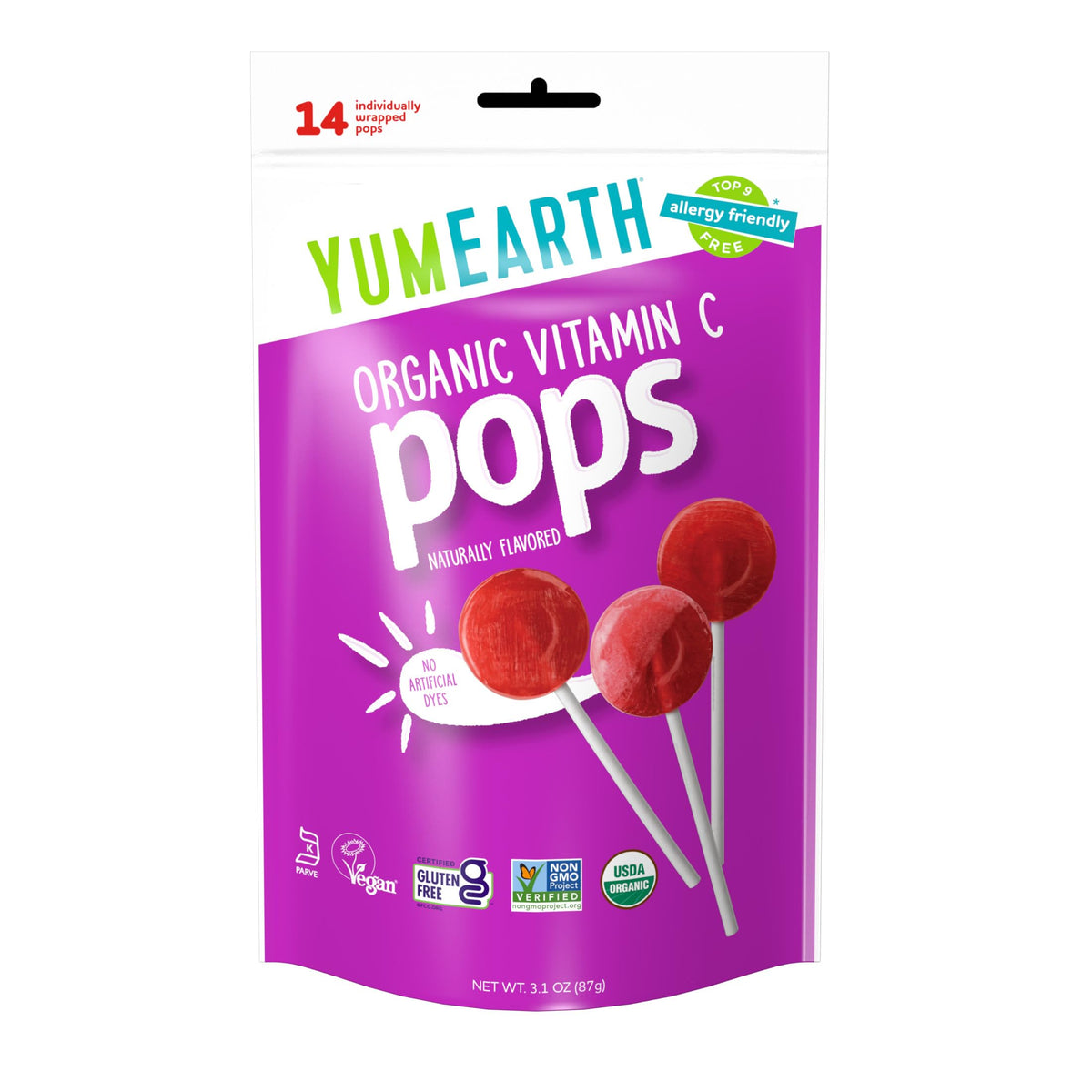 YumEarth Organic Vitamin-C Pops packaging shot highlighting allergen-friendly, gluten-free candy.