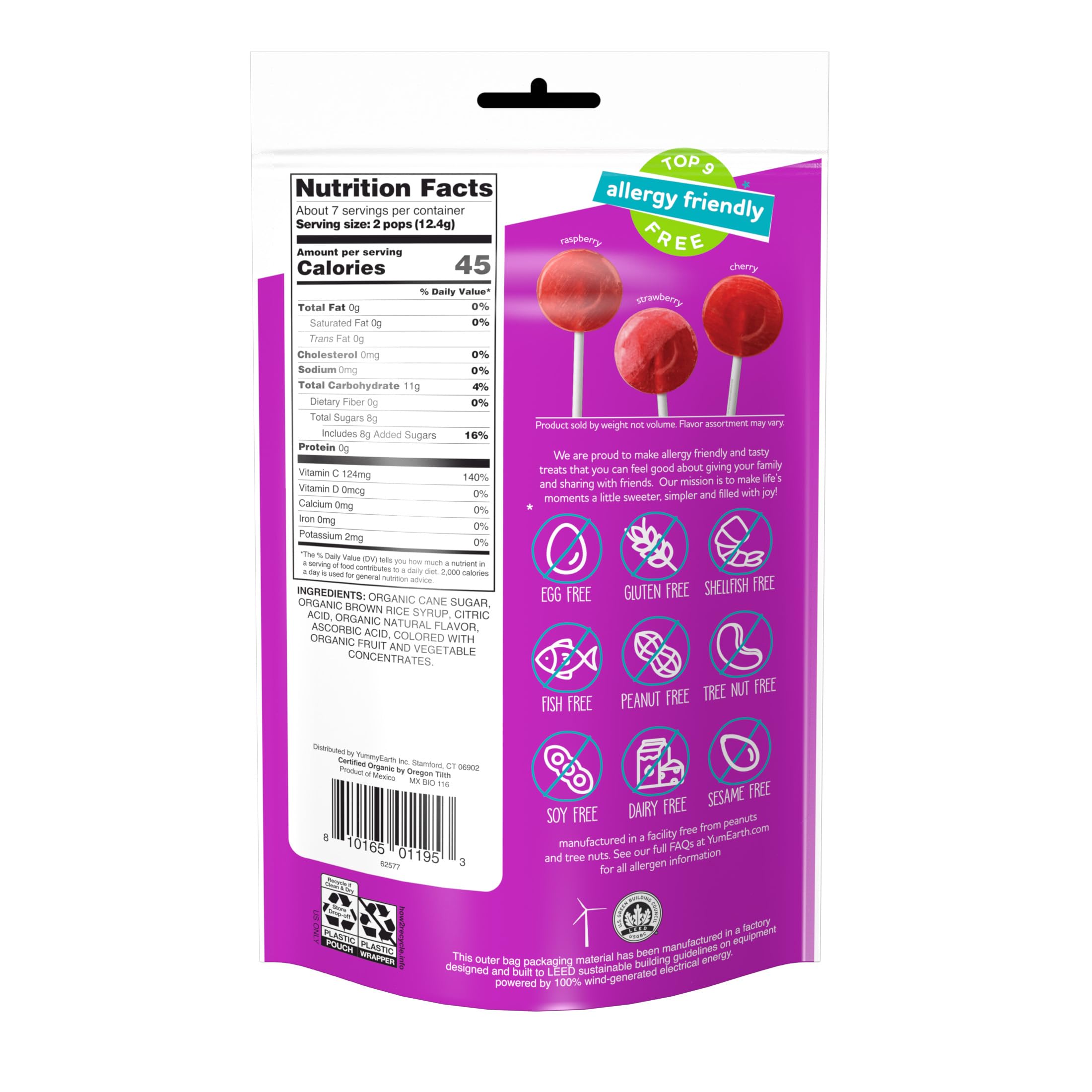 YumEarth Organic Vitamin-C Pops taste image emphasizing vegan, non-GMO snack with bright flavors.