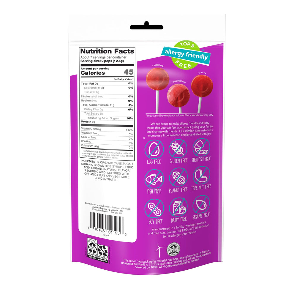 YumEarth Organic Vitamin-C Pops taste image emphasizing vegan, non-GMO snack with bright flavors.