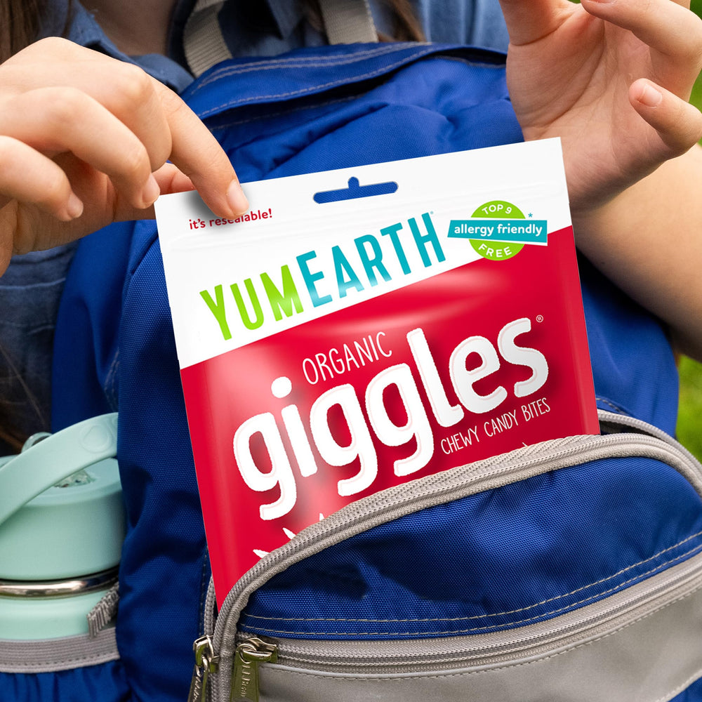 YumEarth Giggles six-pack-bag presentation signals convenient stocking up.