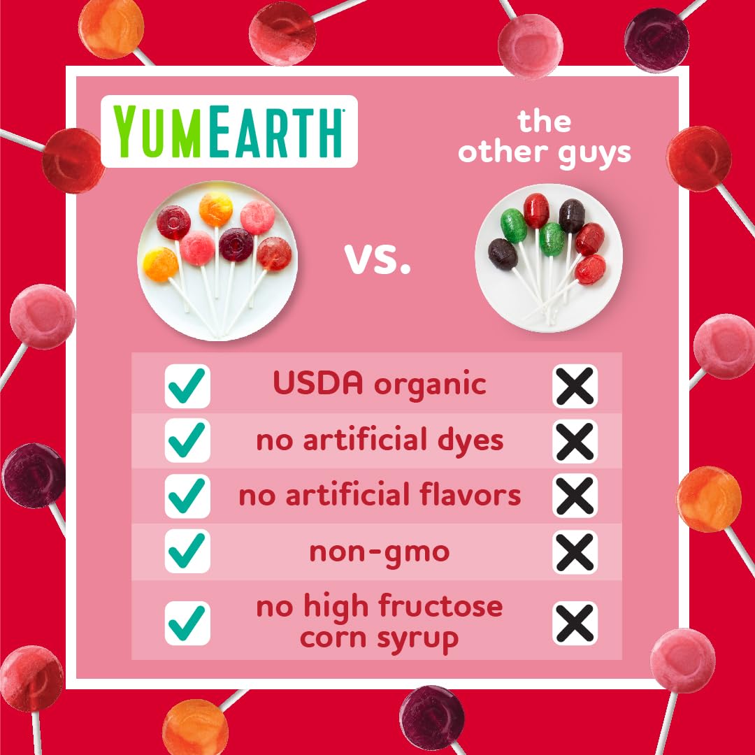 USDA Organic and Non-GMO YumEarth lollipops with no artificial dyes.