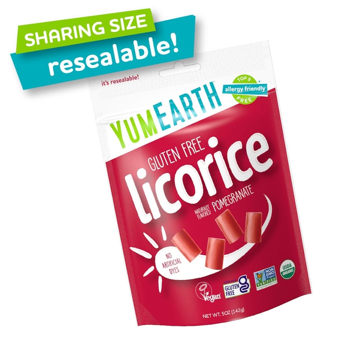 YumEarth resealable bag keeps licorice fresh for on-the-go snacking.