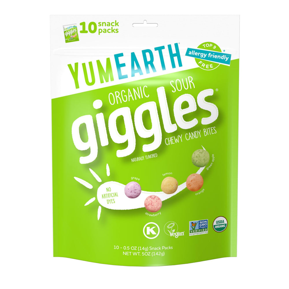 YumEarth Sour Giggles 10-pack box with bright colors for convenient lunchbox snacking.