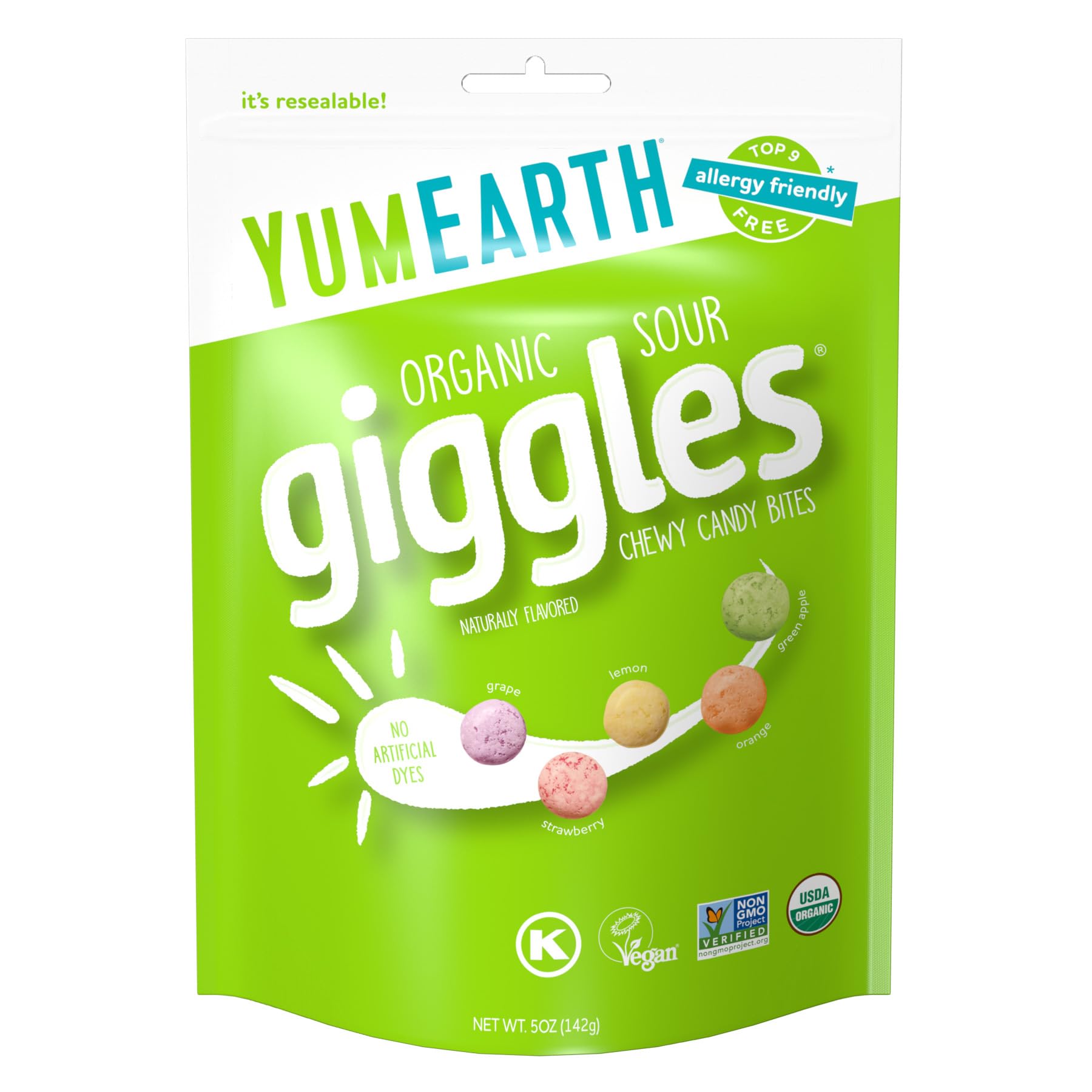 YumEarth Sour Giggles organic candy bag front, pantry-friendly snack.