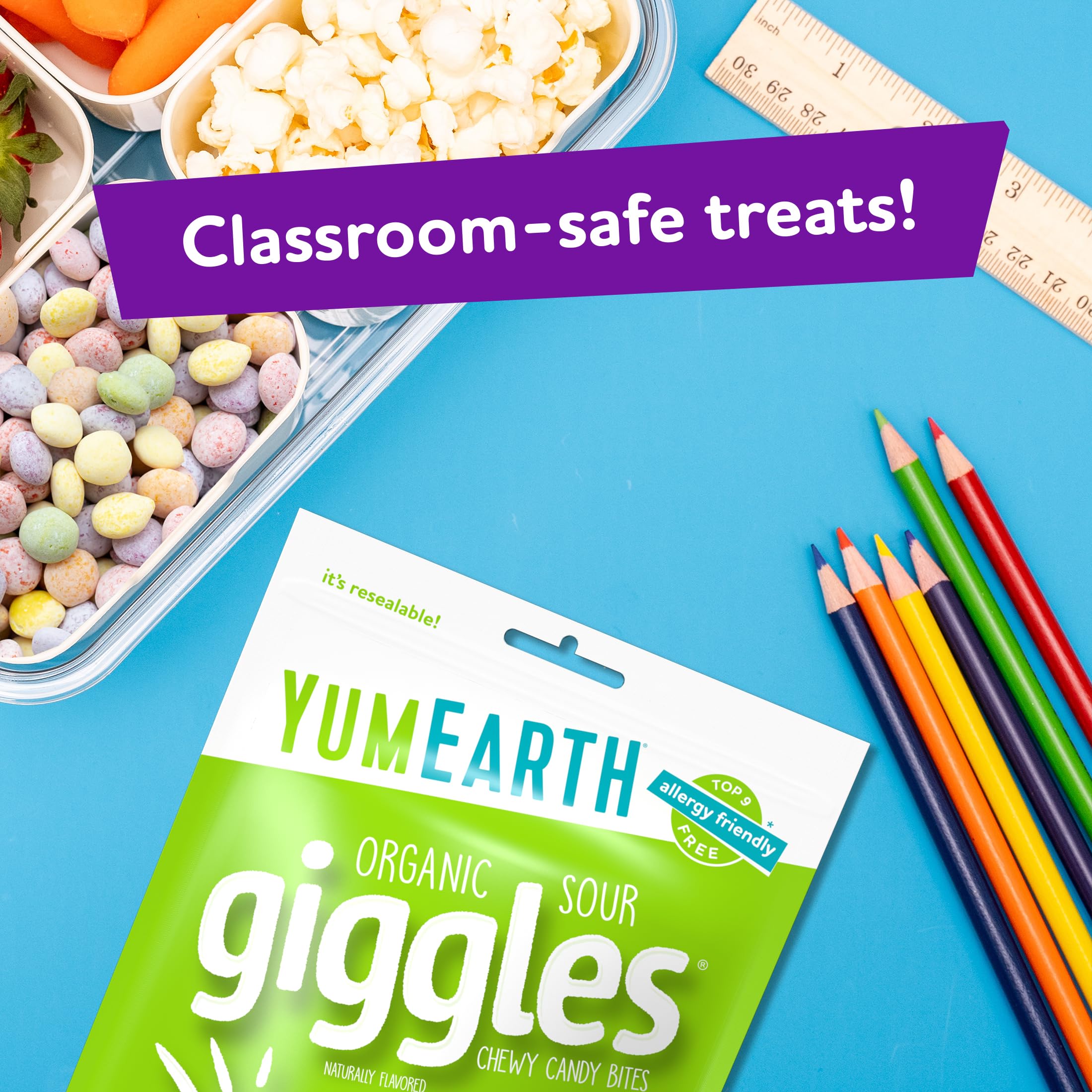 Lunchbox-friendly YumEarth Sour Giggles, easy to share with friends.