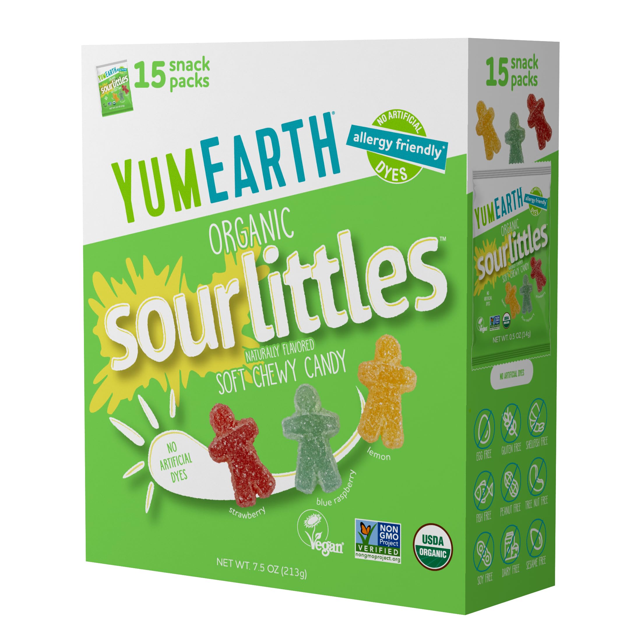 YumEarth Sour Littles box-front view highlighting allergy-friendly packaging for school snacks