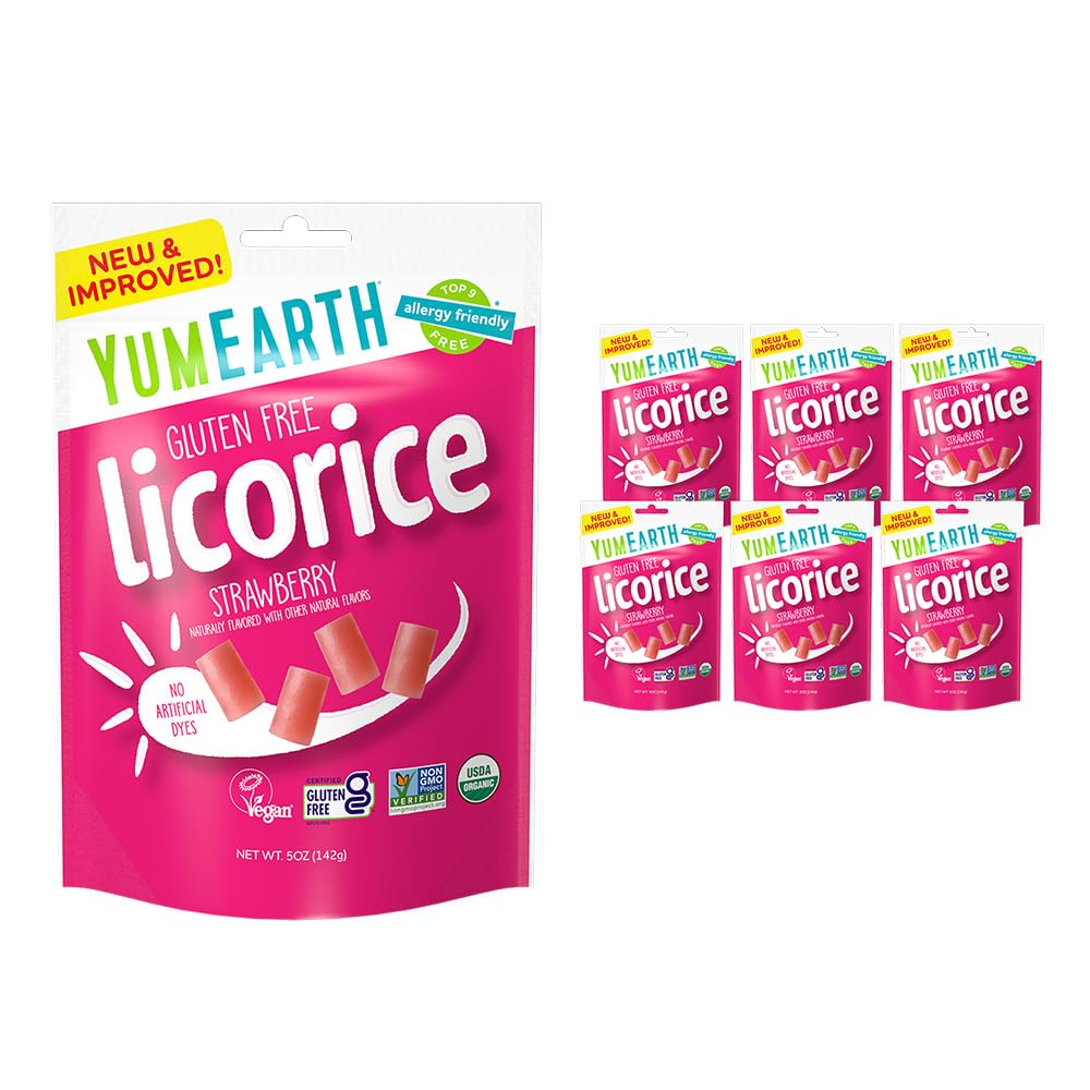 YumEarth strawberry licorice resealable bag highlighting convenient, fresh-flavored snacking
