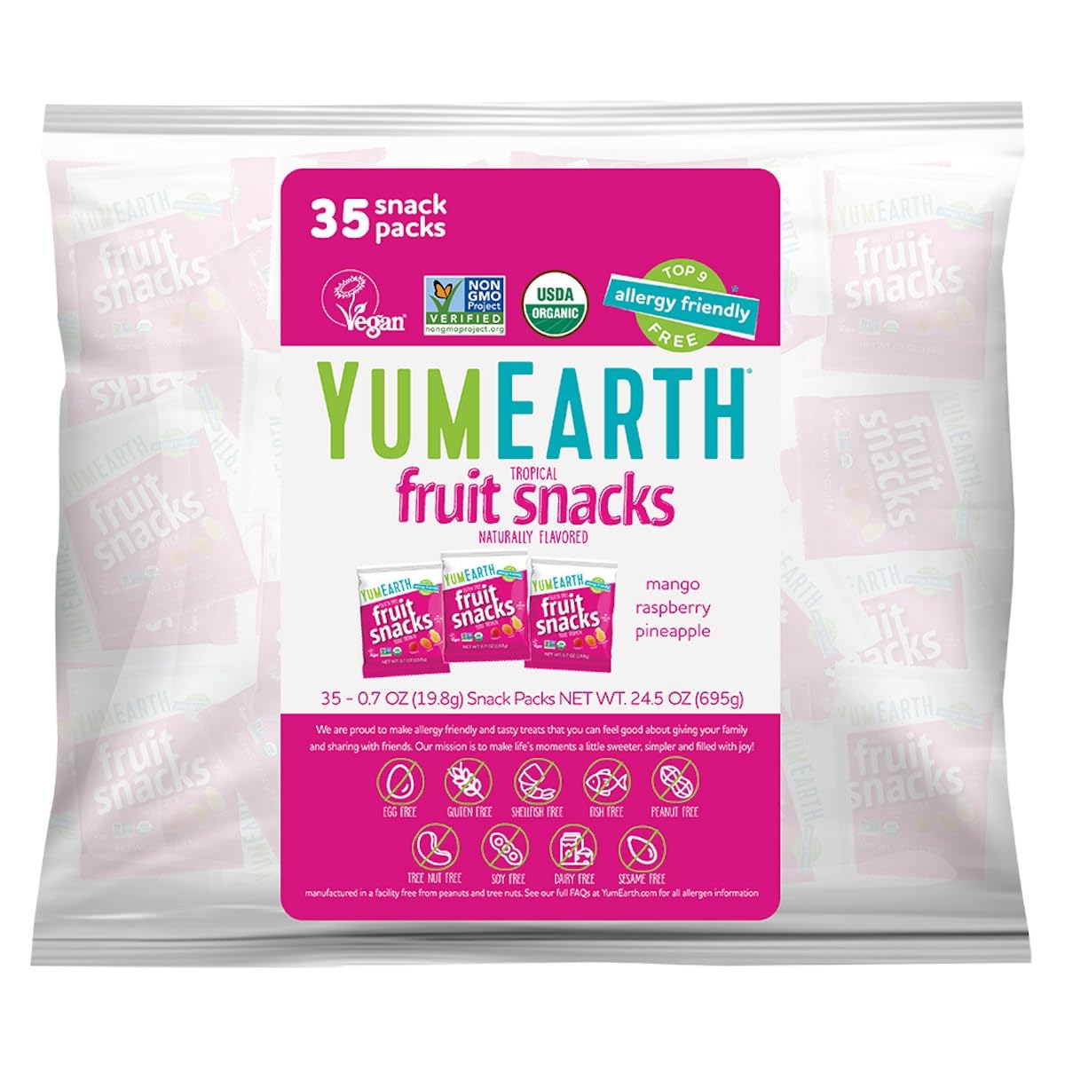 YumEarth 35-pack tropical fruit snacks packaging for convenient school lunches.
