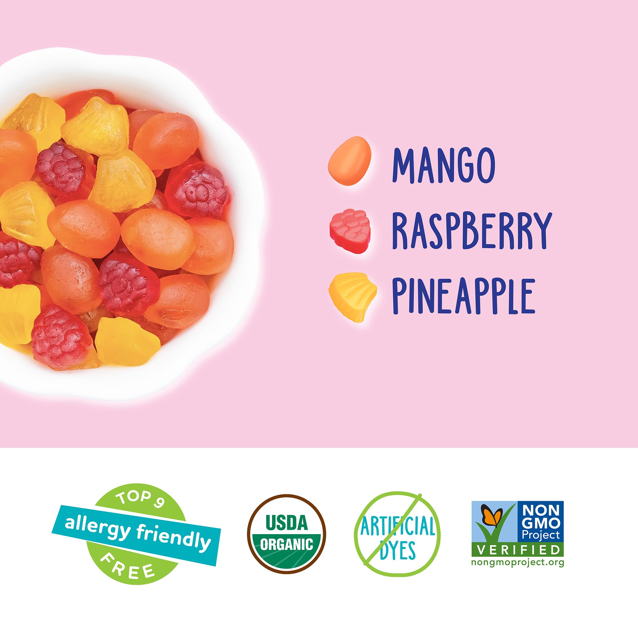 YumEarth mango flavor tropical fruit snacks for on-the-go snacking.