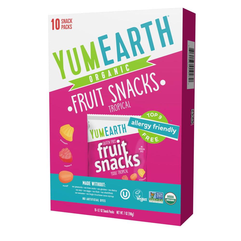 YumEarth tropical fruit snacks pack front showing colorful flavors for on the go