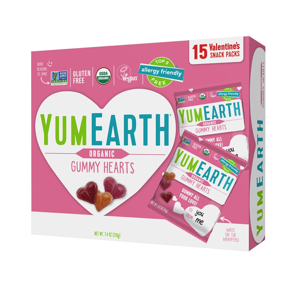 YumEarth Valentine hearts, individually wrapped for quick lunchbox snacks.