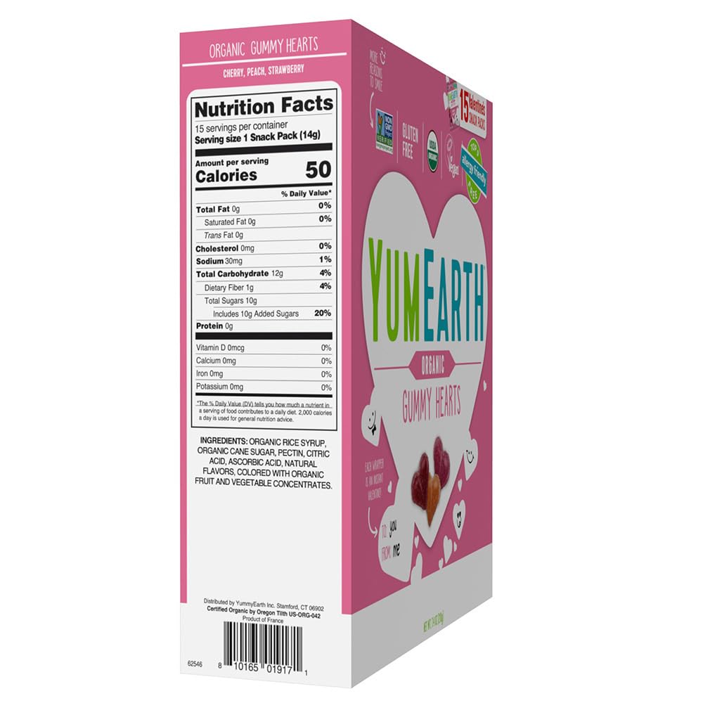 YumEarth organic gummies offer assorted cherry, peach, and strawberry flavors.