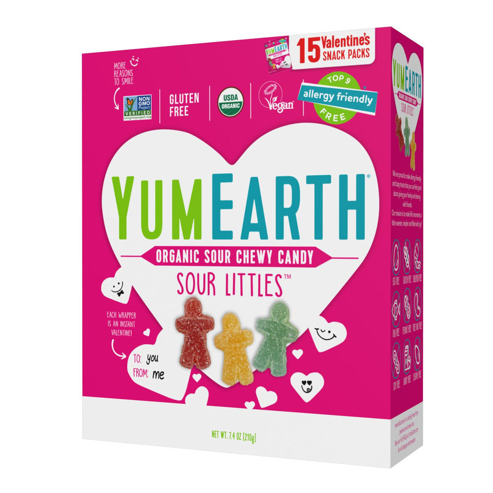 YumEarth Valentine Sour Littles packaging highlights allergy friendly candy for sharing.