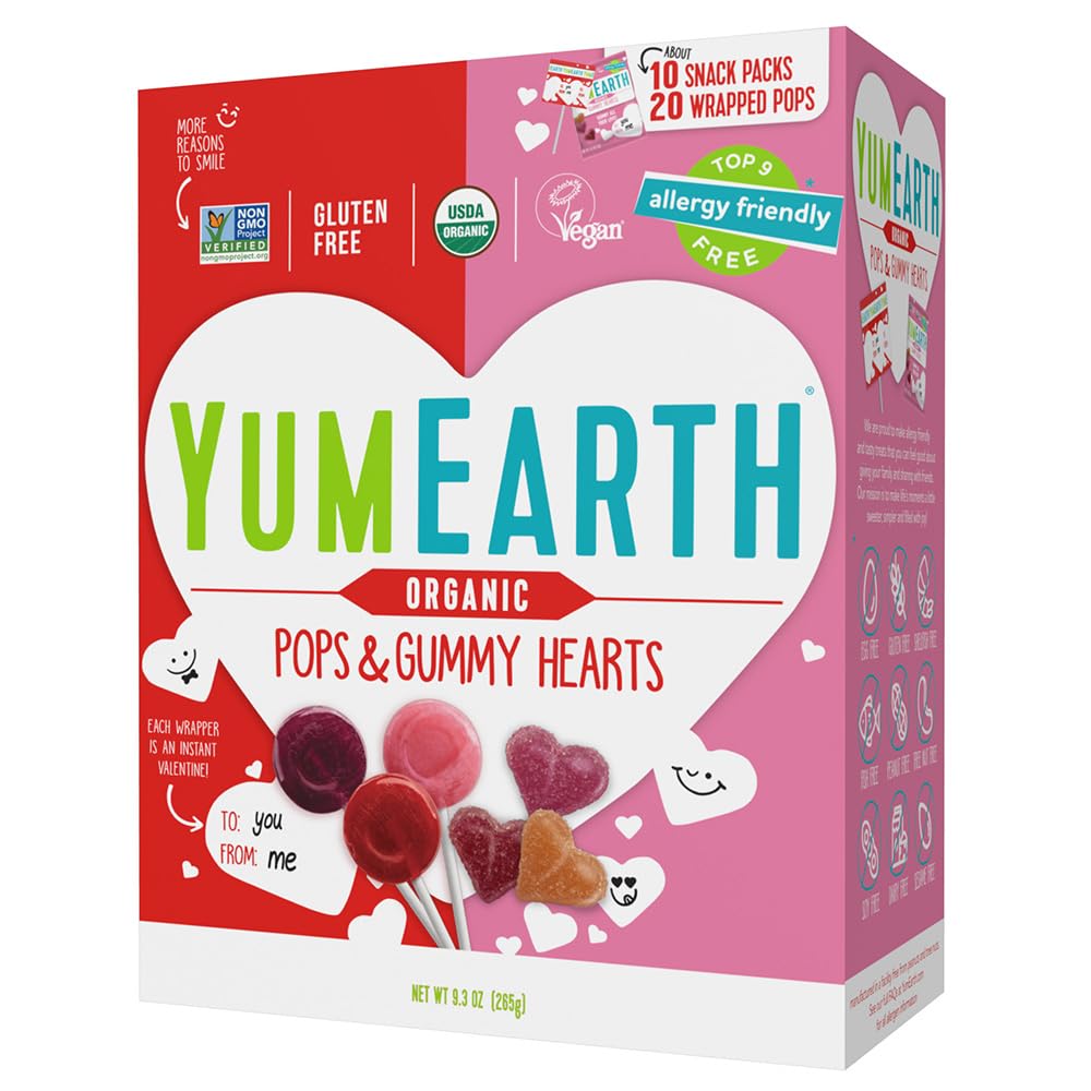 YumEarth Valentine gummy hearts box with vibrant colors and allergy-friendly ingredients.