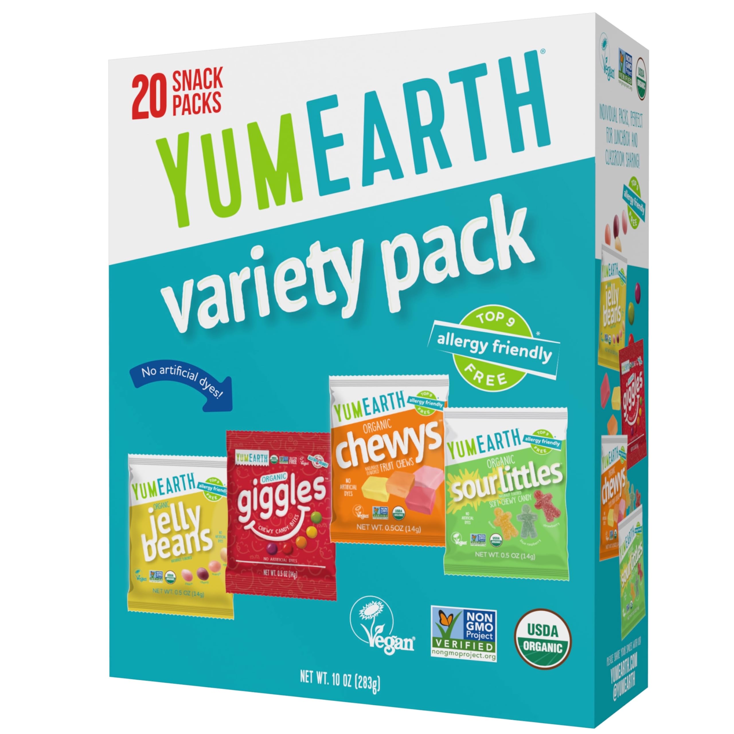 YumEarth Variety Box packaging, ideal for school lunches and on-the-go snacking.