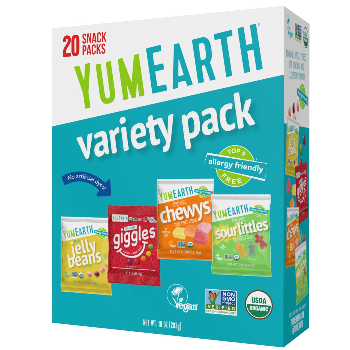 YumEarth Variety Box packaging, ideal for school lunches and on-the-go snacking.
