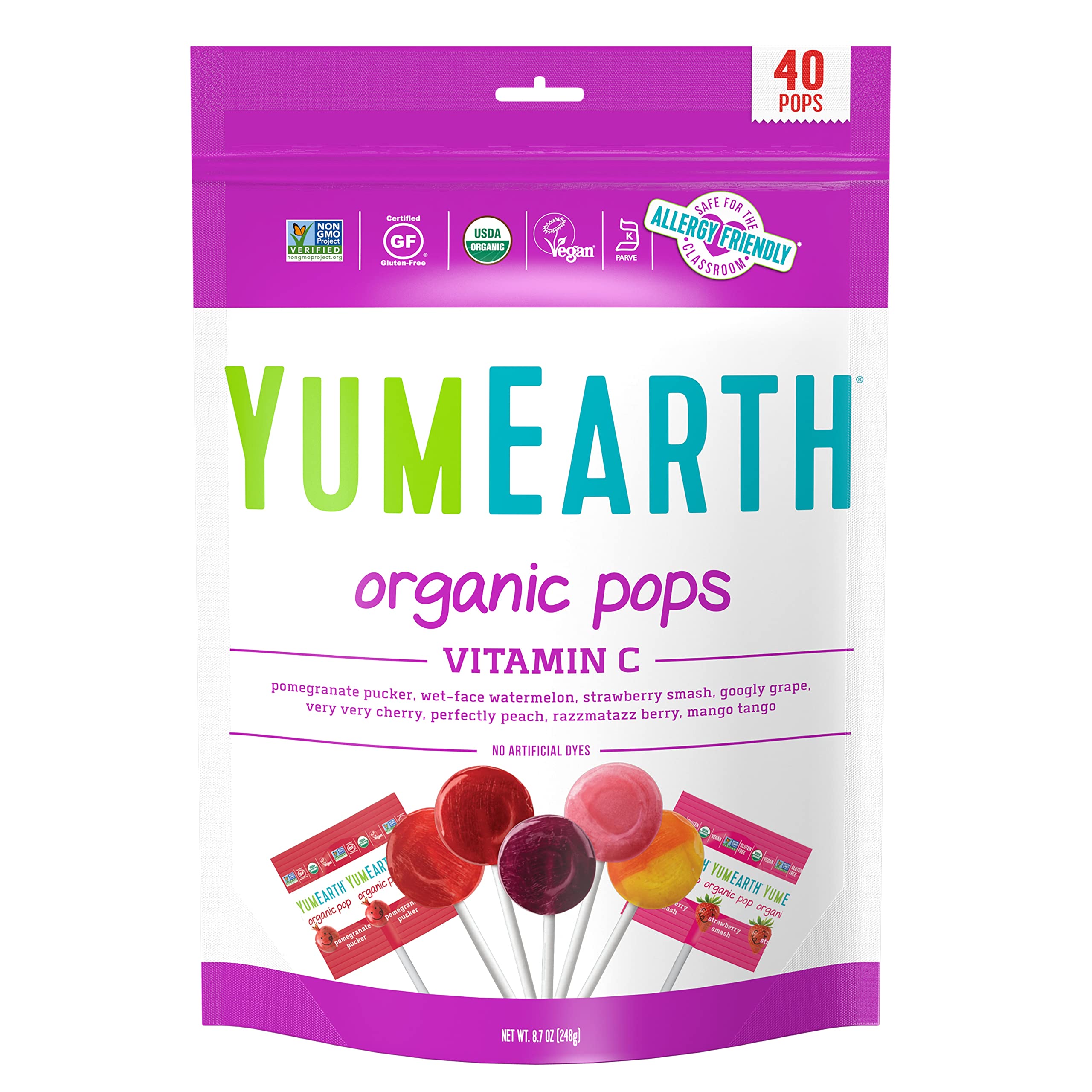 YumEarth vitamin C lollipops in assorted flavors, 40-count bag for convenient snacking