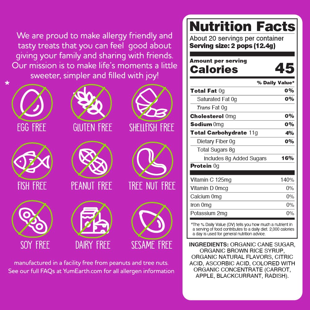YumEarth Vitamin C Pops flavor assortment label highlighting real fruit colors