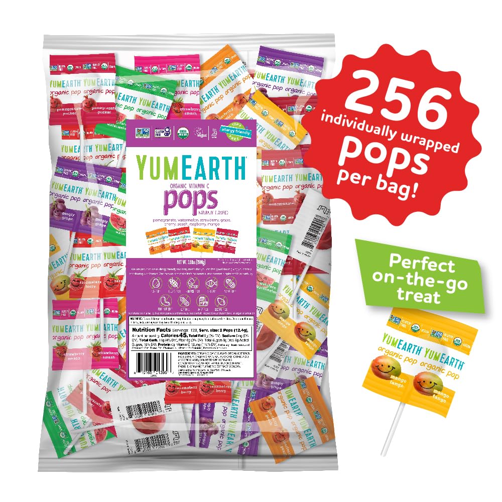 Packaging shot of YumEarth Vitamin C Pops highlighting convenient individually wrapped lollipops.
