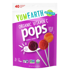 YumEarth Vitamin C Pops variety pack front with 40 allergen friendly lollipops for school snacks