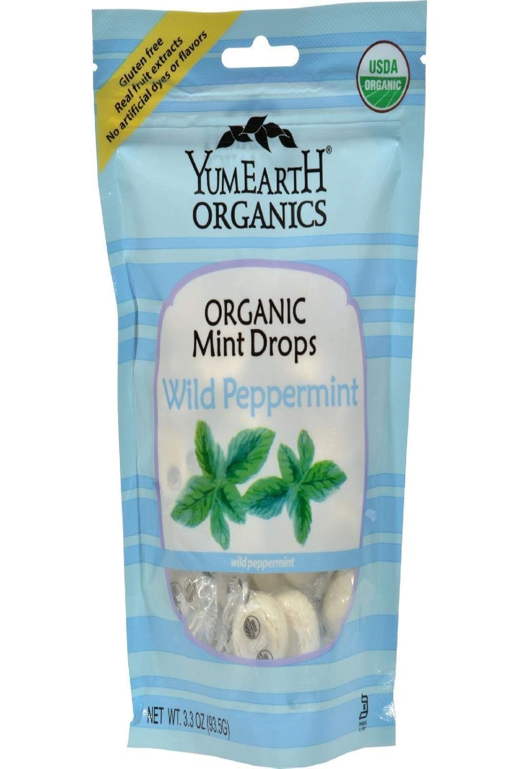 Gluten-free badge beside YumEarth Wild Peppermint Drops packaging