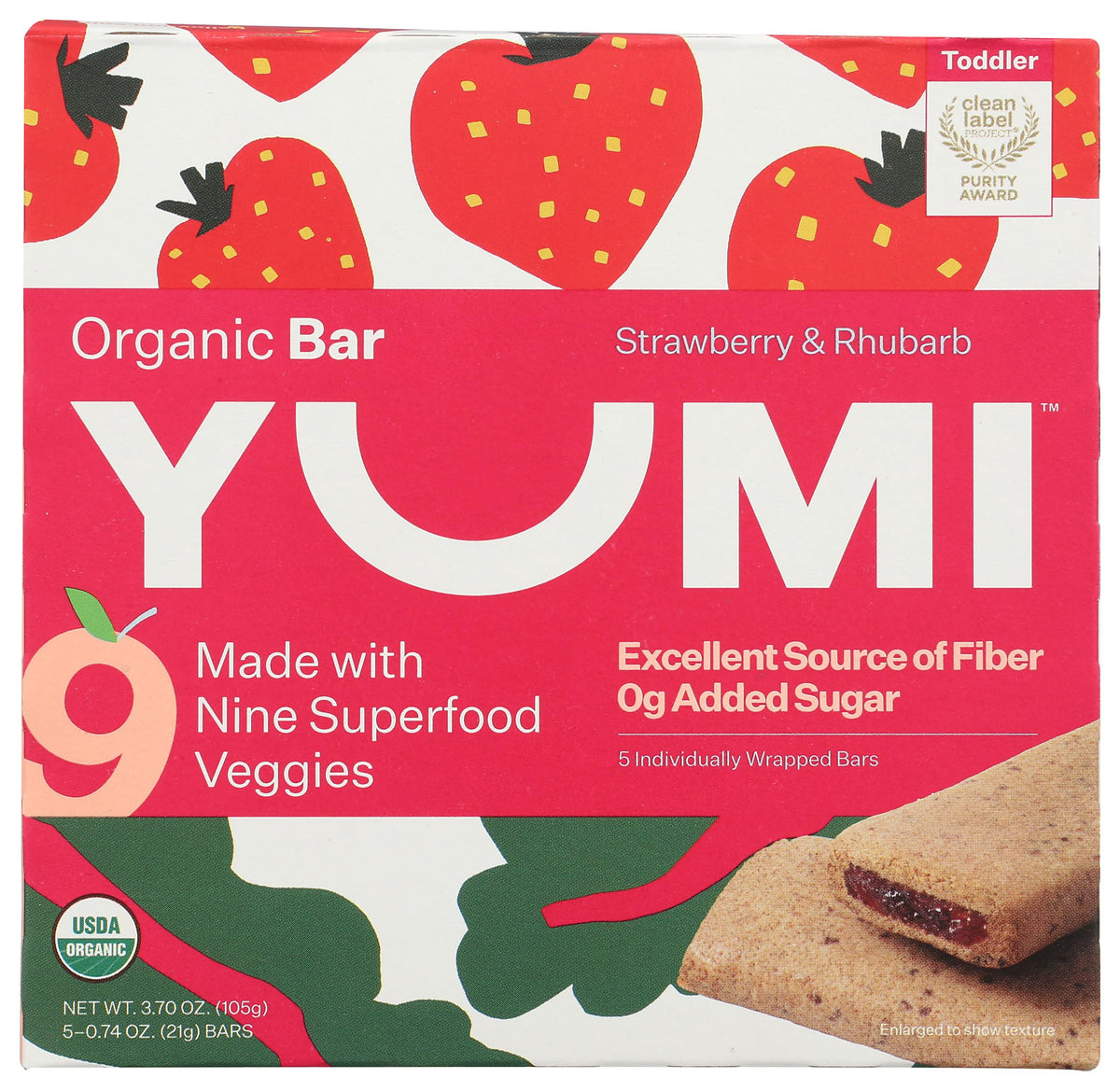 Yumi Bars toddler strawberry rhubarb organic package front shows a kid-friendly snack