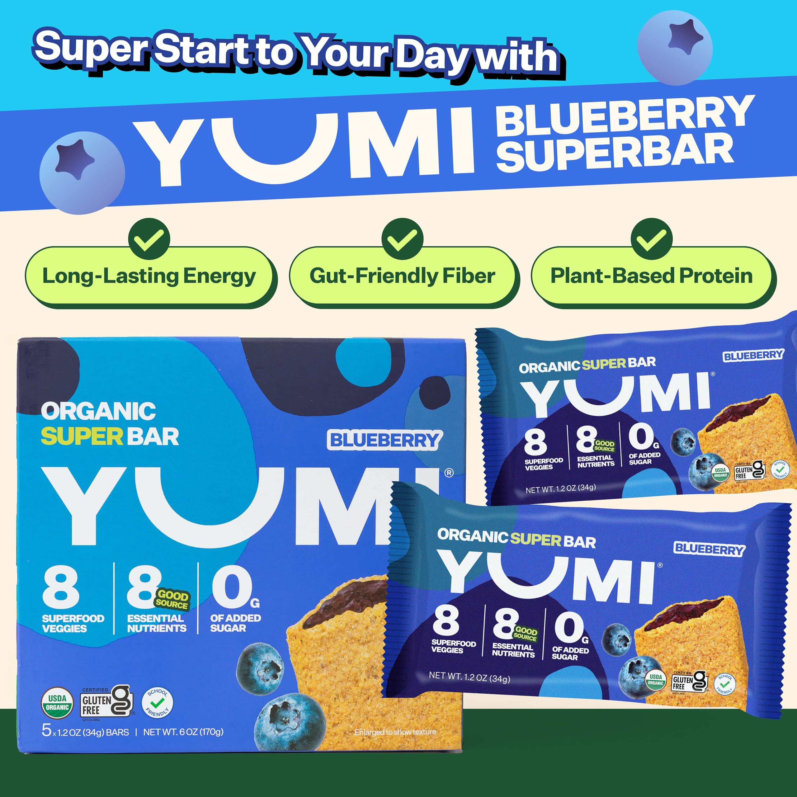 Cross-section reveals blueberry jam center in the YUMI breakfast bar