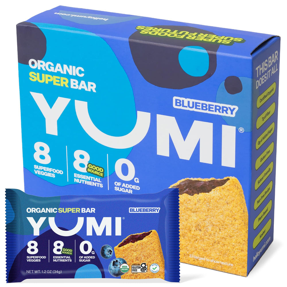YUMI Organic Breakfast Superbar blueberry packaging, a convenient kid-friendly on-the-go snack