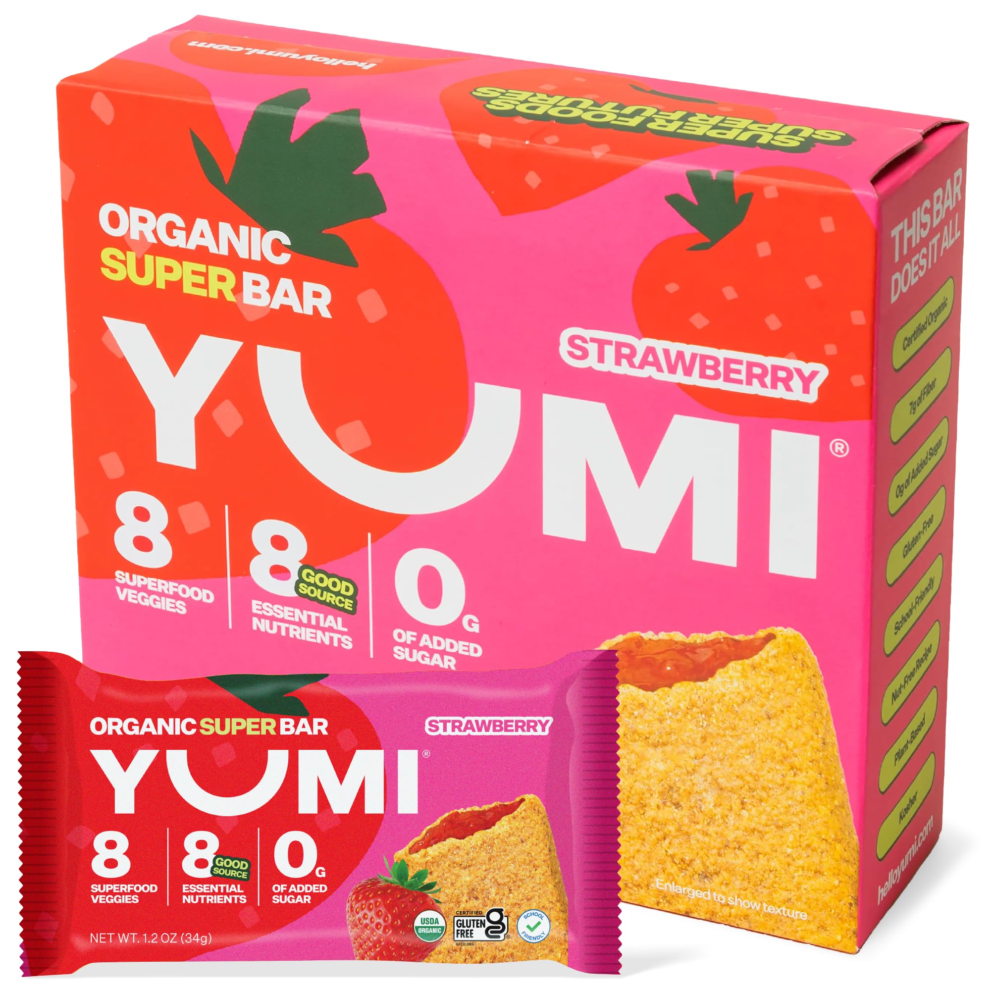 YUMI Organic Breakfast Superbar strawberry with a soft-baked crust for easy bites