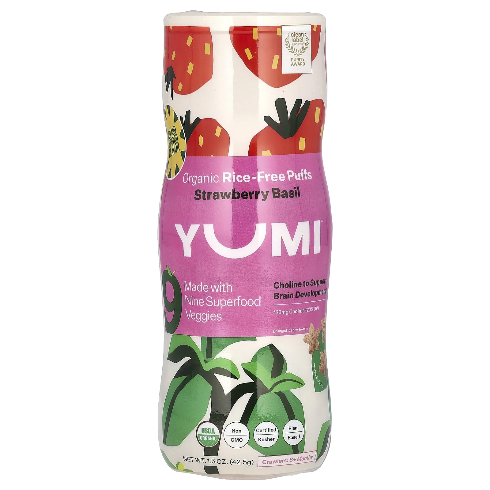 Yumi Puffs Strawberry Basil Organic packaging highlighting kid-friendly bite and organic ingredients