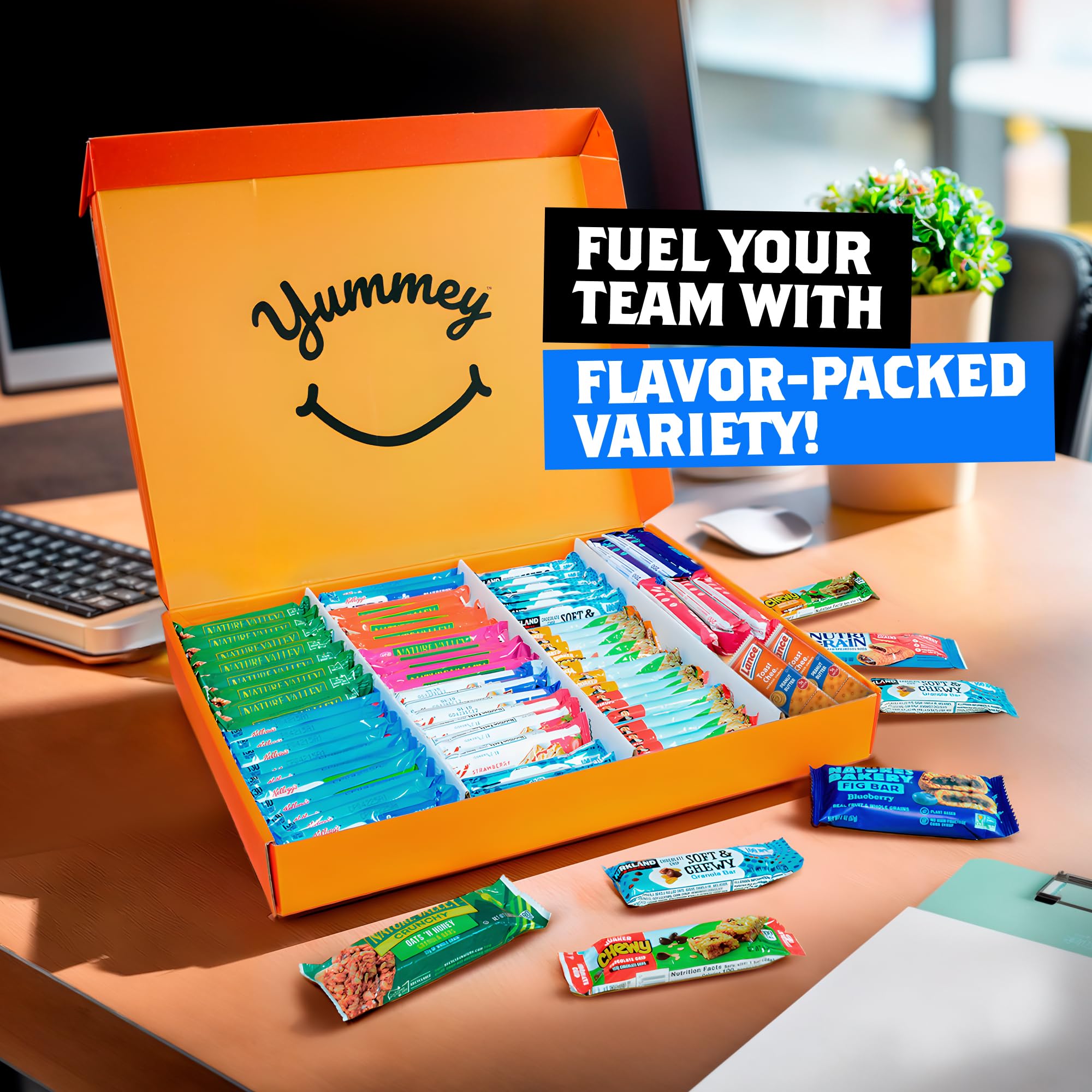 Yummey 60-bar pantry pack, long-lasting supply for families and classrooms.