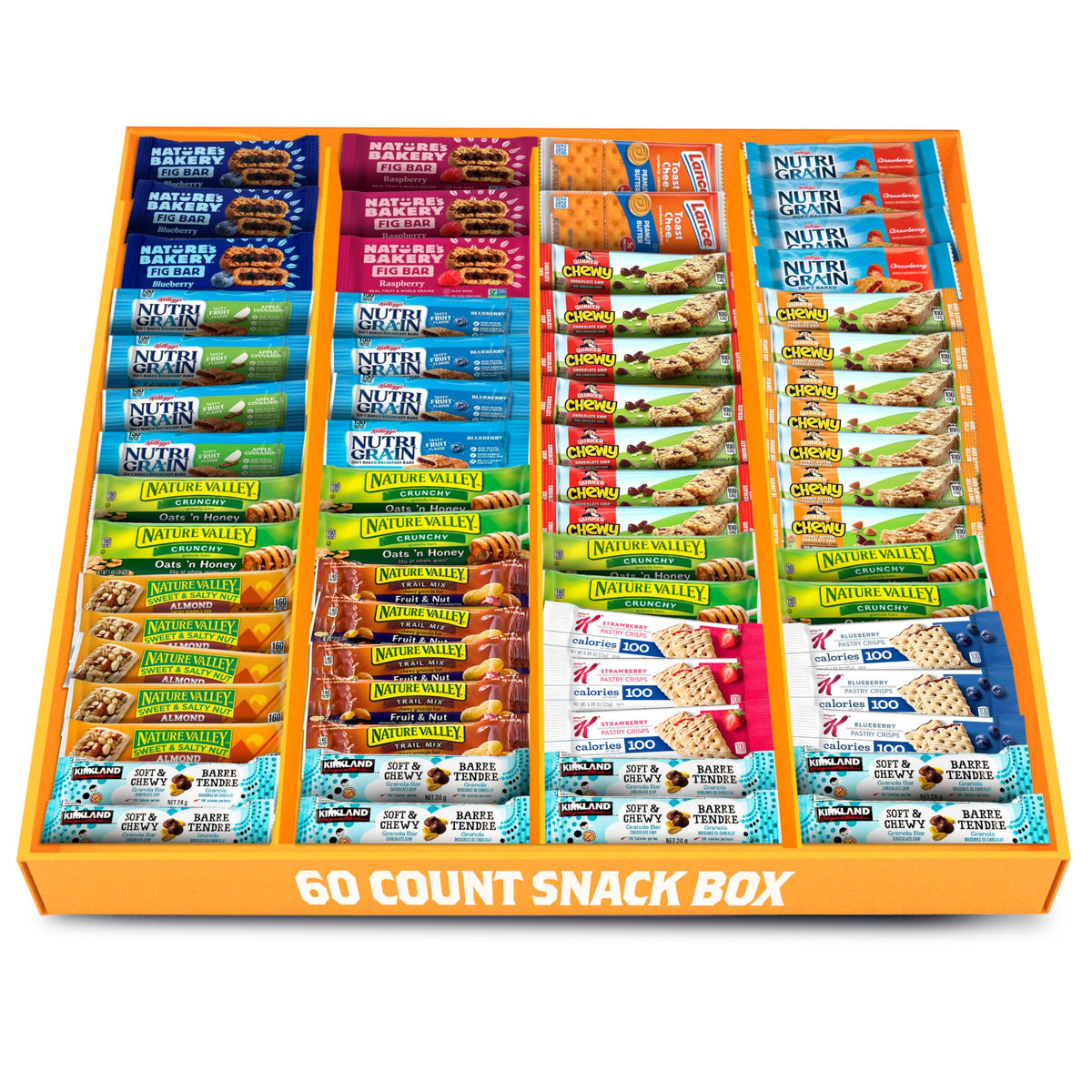 Yummey granola bars bulk variety box front, ideal for family snacks and easy meal planning.