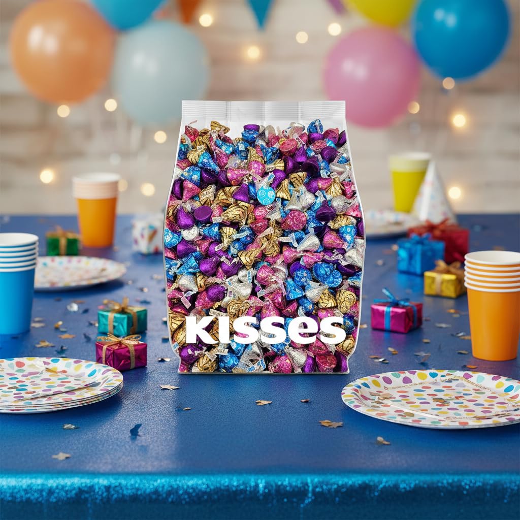Yummy Chew candy displays feature colorful Kisses for dessert tables