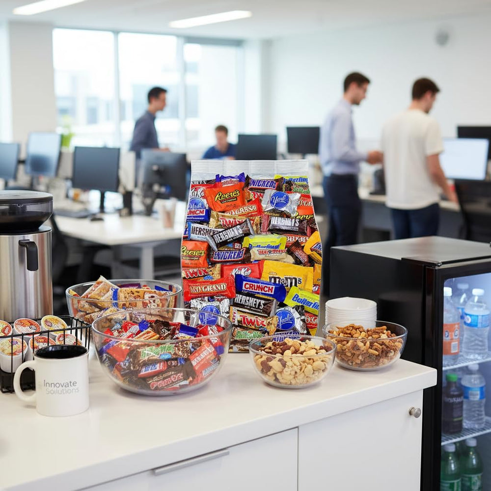 Yummy Chew office snacks arrangement showing bulk candy for sharing at work.