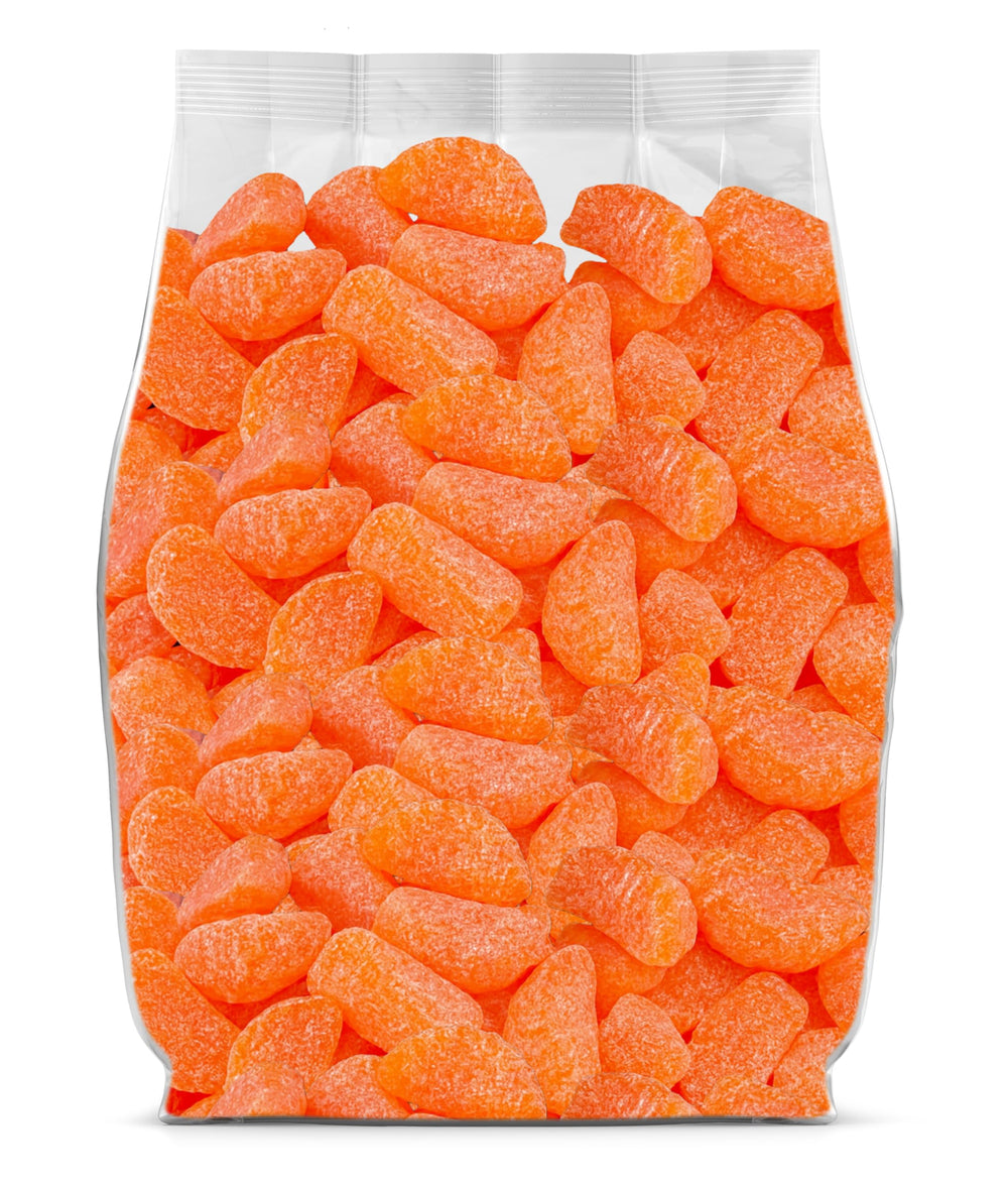 Yummy Chew Orange Slices Candy closeup shows juicy citrus flavor for snacking.