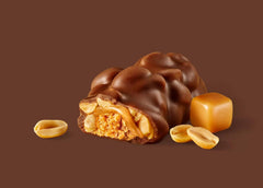 Close-up of PayDay chocolate, peanut, caramel blend with premium ingredients.