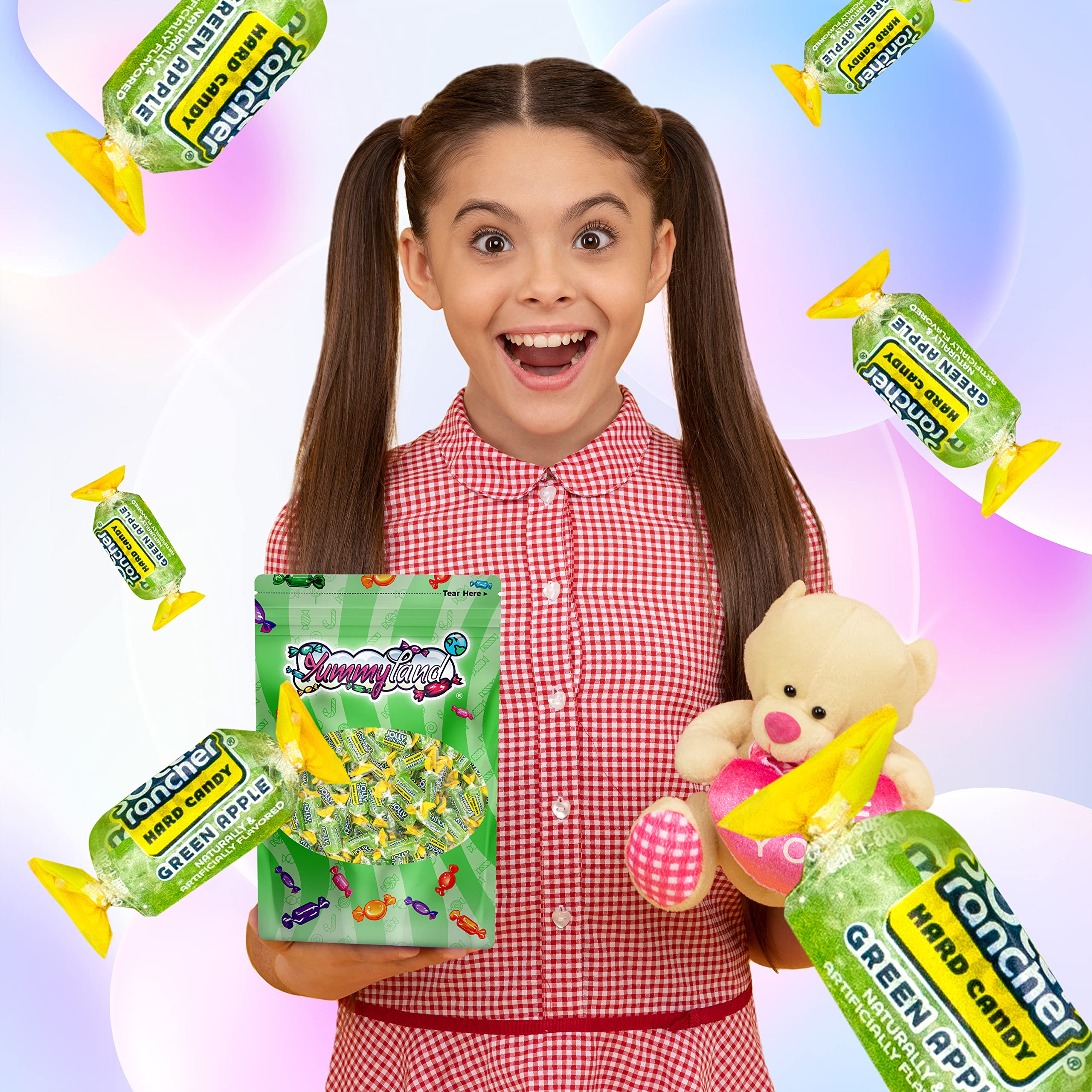 YUMMYLAND Jolly Racher Green Apple hard candy close-up highlights crisp green apple flavor