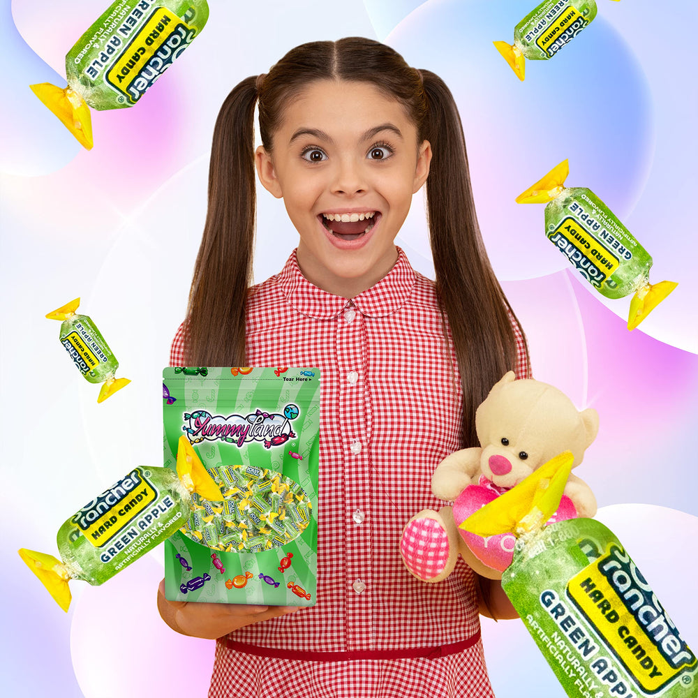 YUMMYLAND Jolly Racher Green Apple hard candy close-up highlights crisp green apple flavor