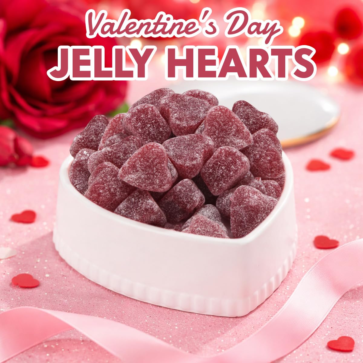 Candy bowl filled with Yumzo hearts at a Valentine party