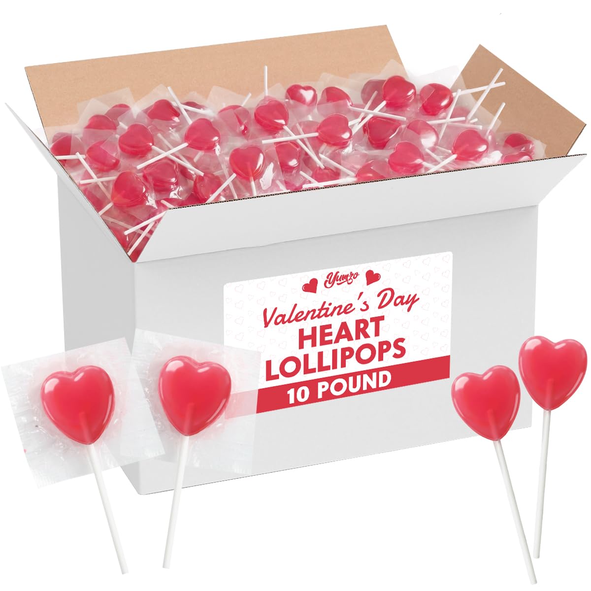 Yumzo heart lollipops bulk 10lb display for classroom exchanges and party favors.
