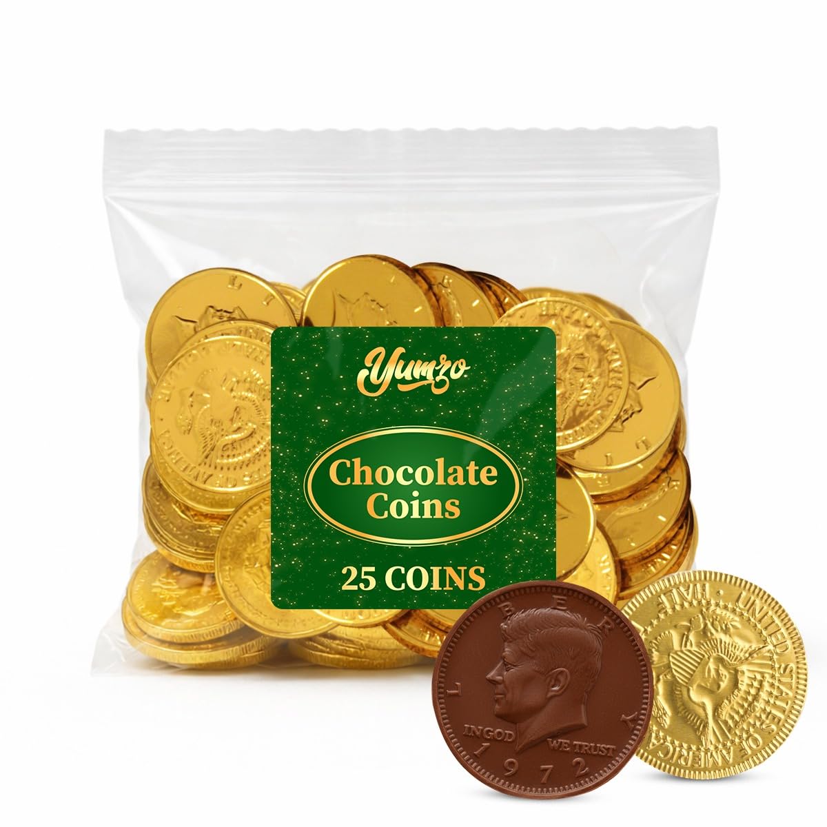 Yumzo St Patrick's Day gold chocolate coins on display for party favors